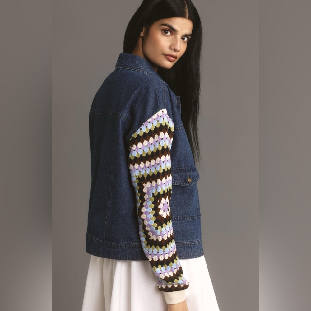 Anthropologie Crochet-Sleeve Denim Jacket in Denim Dark Size S NWT - Picture 2 of 9
